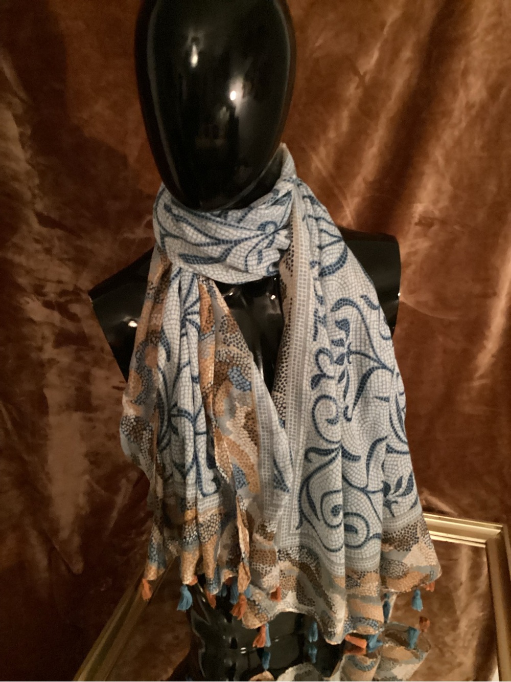 Unisex Light Blue and Tan Patterned Scarf Wrap